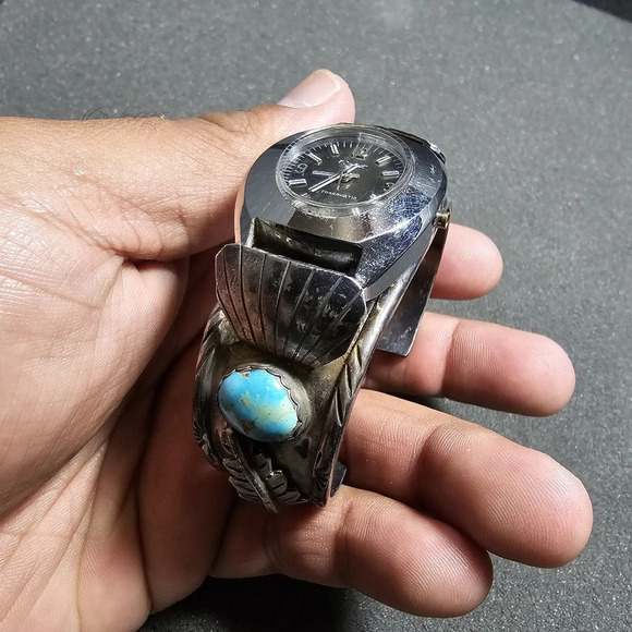 Sterling Silver And Turquoise Navajo Native American Watch Cuff Signed TJV Heavy - Picture 1 of 12
